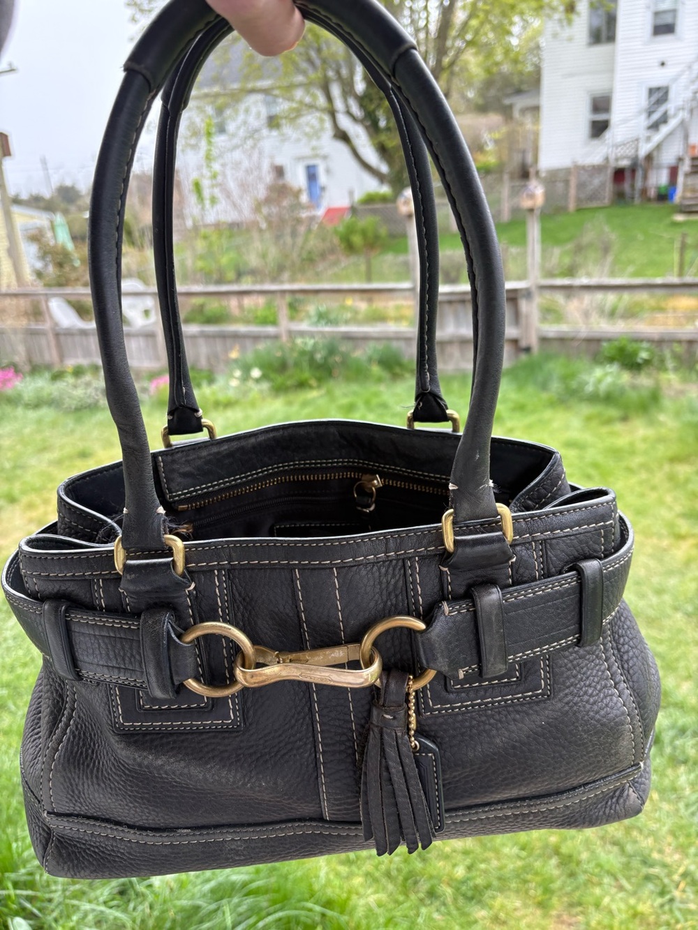 Coach Y2K Hampton Pebbled Leather Carryall Satchel. Black/Brass Hardware.